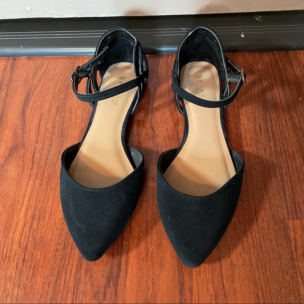 Bamboo brand black flats with ankle strap. Size 5.5 like new.